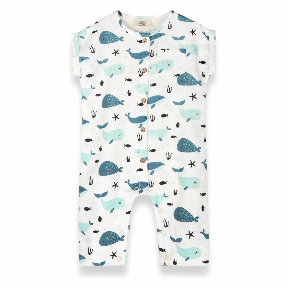 NEW VIVERANO ORGANICS kids whales rolled sleeve jumpsuit in white